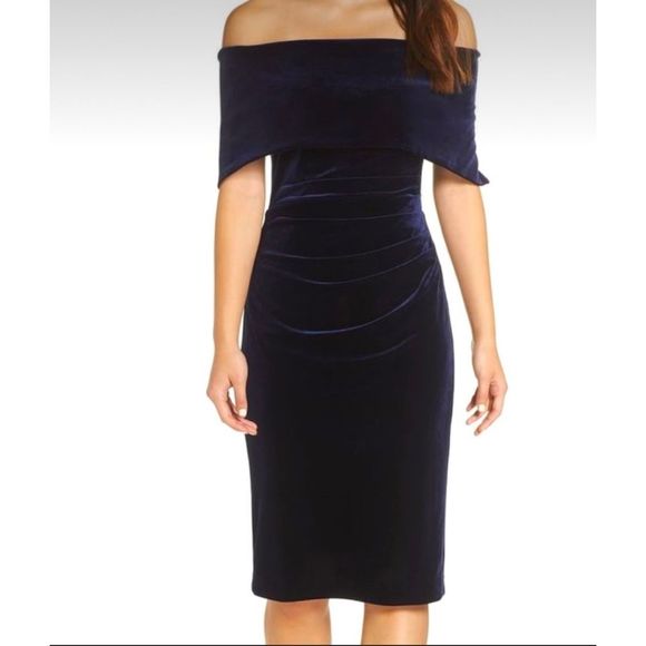 Vince Camuto Blue Velvet Off Shoulder Midi Dress 12 - Picture 3 of 9